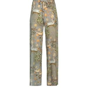 AILANTO Casual Silk Blend Drawstring Pants Light Grey 🦢Swan Print 🦢EU40/US 10